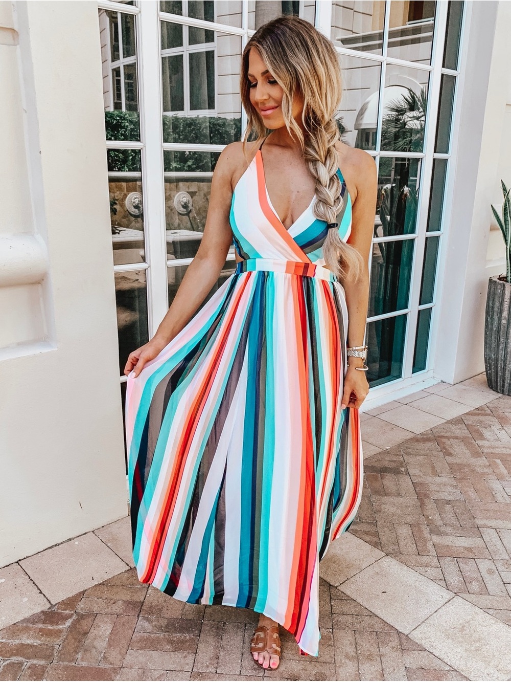 Express Multi-Stripe V-Neck Maxi Dress